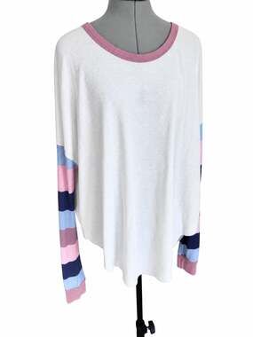 Wild Fox Boutique White Waffle Knit Top with Pastel Striped Sleeves